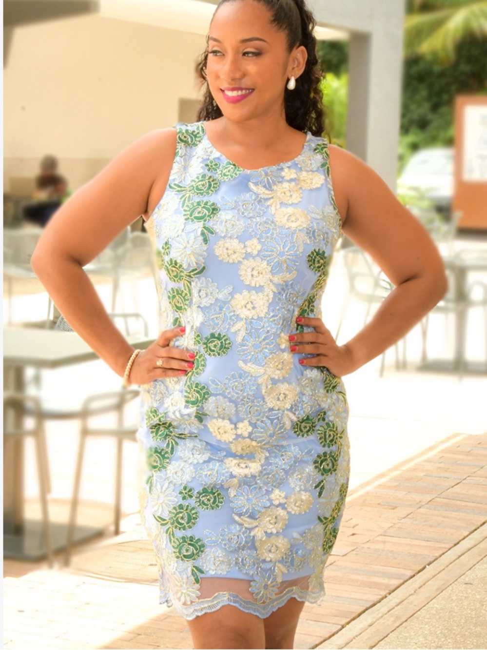 Nina Leonard Light Blue Floral Appliqué Sheath Dress